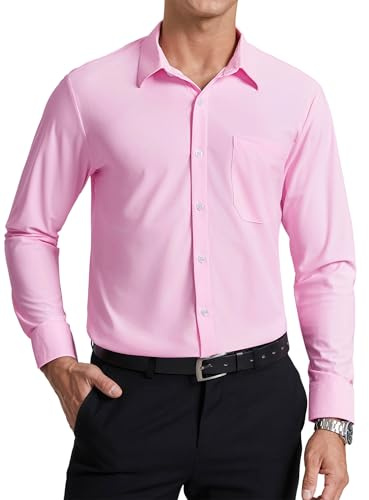Enlision Herrskjorta med långärm Långärmad skjorta Stretch Icke-strykbar Knapp ner Krympfri Normal passform Affärsformell skjorta med ficka, Rosa, M