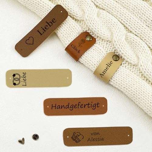 BEXOA 10 Stück Personalisiert Handmade Label Zum Annähen mit Nieten | Benutzerdefinierte Etiketten, Für Stricken Häkeln, Kunstlederetiketten, Für Gestrickte Mützen Schals Handschuhe