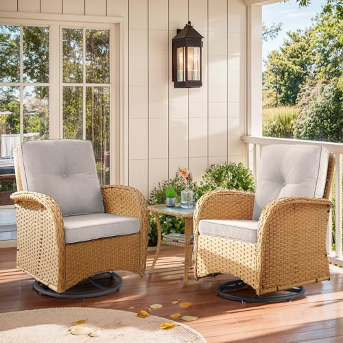 Artfurniz Outdoor Rocker Swivel Glider Chair - 3 Piece Wicker Patio Furniture Set, All Weather Patio Bistro Set with Glass Side Table for Balcony Porch Deck Backyard - Yellow Wicker Beige Cushion