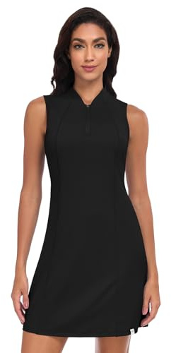 Soneven Elegante abito da donna, senza maniche, estivo, per il tempo libero, mini abito da tennis da donna, con chiusura lampo 1/4, per sport casual, business, Nero , S