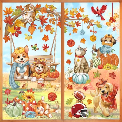 wondever Fenstersticker Herbst Blätter Haustiere Fenster Aufkleber Herbst Baum Zweig Hunde Katze Kürbis Fensterbilder Fensteraufkleber Anti-Kollision Doppelseitig Glasaufkleber Glas Deko