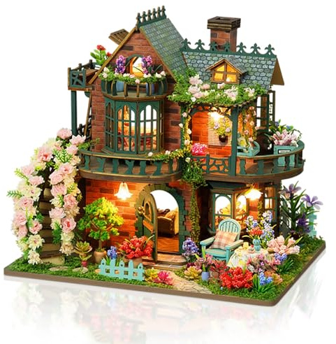 Cuteefun gör-det-själv miniatyrhus-kit, minidockhus med LED, trähantverk för vuxna och tonåringar att bygga, födelsedag (Elfin Garden)