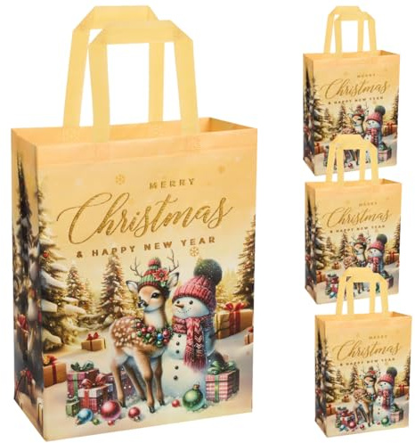 Bolsas de Regalo Navideñas Grandes, 4 Bolsas Reutilizables de Tela No Tejida Amarilla con Estampado de Alce y Muñeco de Nieve para Envolver Regalos