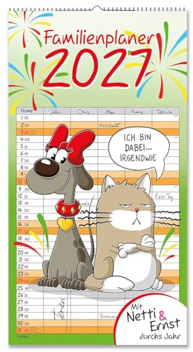 Netti & Ernst Familienkalender 2027 - Wandkalender mit farbenfrohen Illustrationen - Familienplaner im Hochformat mit Spiralbindung - 24 x 46 cm - 5 Postkarten als Extra