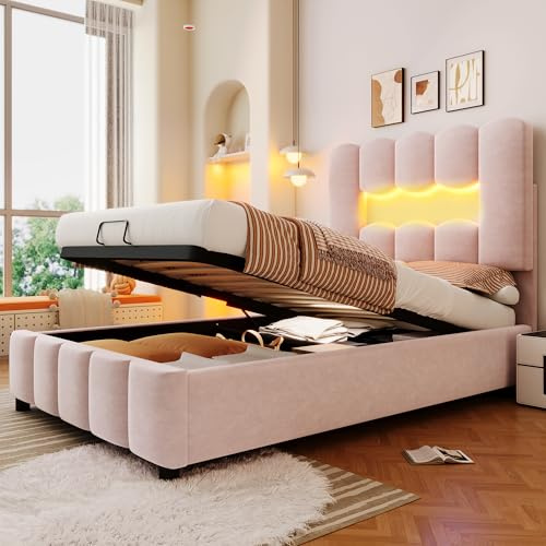 NNJN Polsterbett, mit Lattenrost, Ambiente-Licht mit Fernbedienung, Kronprinzessinnenform, Material PU, Rosa (ohne Matratze) (Rosa 90x200cm)
