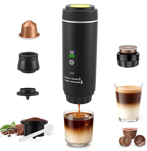 Tragbare Kaffeemaschine,80ML Kaffeemaschine Auto Espressomaschine USB, Kompatibel mit kapsel und gemahlener Kaffee, 5 Minuten Schnelles Erhitzen, Mini kaffeemaschine für Büro Camping Auto (Schwarz)