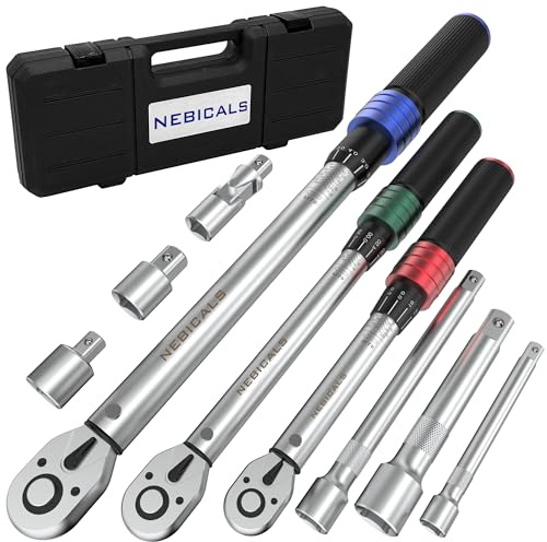 9PCS Torque Wrench Set 1/4 20-220 Inlb,3/8 5-45 &1/2 10-170 Ftlb,6 extension bar&adapter,±3% Accuracy,72 T,Dual Scale,Chrome plated, anti-rust,not scratch&wear-resistant than Black,DIY,car,bike&truck