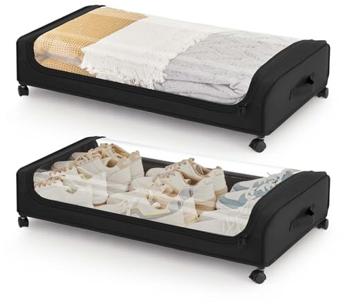 Boic 2 Piezas Cajas Almacenaje Ropa, 50L Organizador Armario Canape, Bolsa de Almacenamiento Guardar con Ruedas de 360 Marco Metálico Organizador Ropa Para Zapatos Mantas Juguetes,Negro