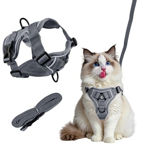 Cat Leash with Reflective Strips, Adjustable Cat Kitten Harness Set, Breathable Cat leash Small Dog Harness with Leash, Comfortable Pet Vest Strap for Walking (Gray, S)