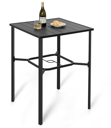 Avestar Outdoor 71 cm Quadratischer Bartisch mit Sonnenschirmloch, Stehtisch, Lattenrost-Tischplatte mit pulverbeschichtetem Metallgestell, für Terrasse, Garten, Hinterhof und Balkon, Schwarz