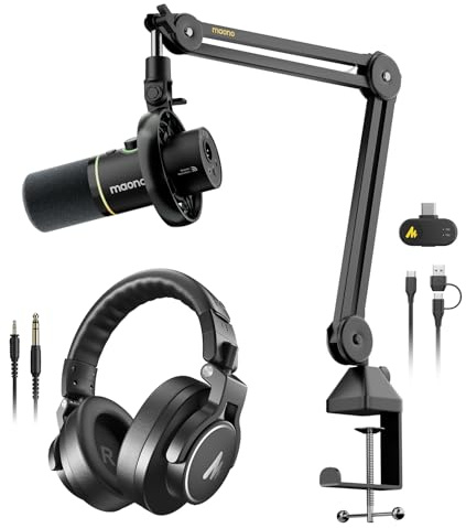 MAONO PD200W Hybrid Wireless Podcast Microphone With Boom arm, USB/XLR Dynamic Mic With MH700 Studio Headphones