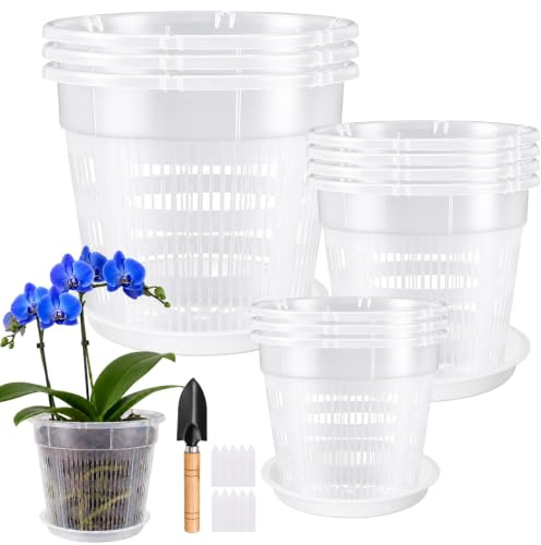 Hengxinc 10 PCS Orchid Pot with Drainage for Repotting, 3 Size | 4.33/ 5.51/6.3in Plastic Clear Plant Pots with Saucers, Trowel, Plant Labels for Indoor Outdoor Plants Root Health