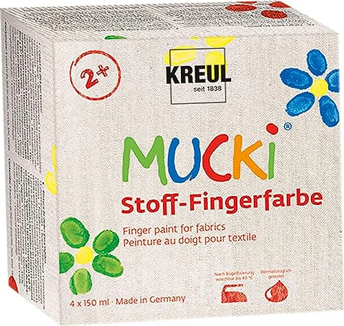 KREUL 28400 - Mucki Stoff-Fingerfarbe, 4 x 150 ml Gelb, Rot, Grün, Blau, leuchtkräftige Farben auf Wasserbasis für Kinder ab 2 Jahren
