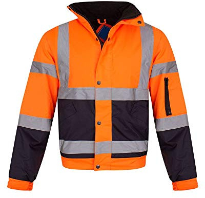 shelikes Hi Vis Viz Visibility Bomber Workwear Security Safety Fluorescent Hooded Padded Waterproof Work Wear Jacket Coat [Orange/Navy 2XL]
