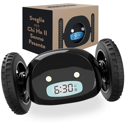 CLOCKY Reloj Despertador Potente Ruidoso Sonido Muy Fuerte para Dormilones Sordos Sueño Profundo Adultos Niños Despertador Digital Inteligente con Ruedas Se Mueve Regalo Divertido (Ruedas Negras)