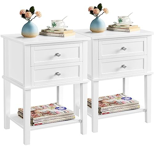 Yaheetech 2pcs Mesitas de Noche con 2 Cajones Mesillas de Noche Vintage 45x35x61cm Mesas Auxiliar Blanco para Cama Dormitorio Sala de Estar