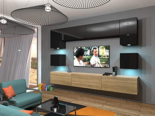 Furnitech Wohnwand Wohnzimmer | LED RGB - 16 Farben | Modern Hängend | Schrankwand Nowara AN1-17BS-HGM31 1B
