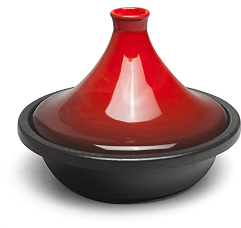 KELUNIS Casserole De Tajine Marocain en Céramique avec Base en Fonte Émaillée Et Couvercle en Forme De Cône Poêle Universel Convient pour 1 À 4 Personnes, Calibre 27Cm,Rouge