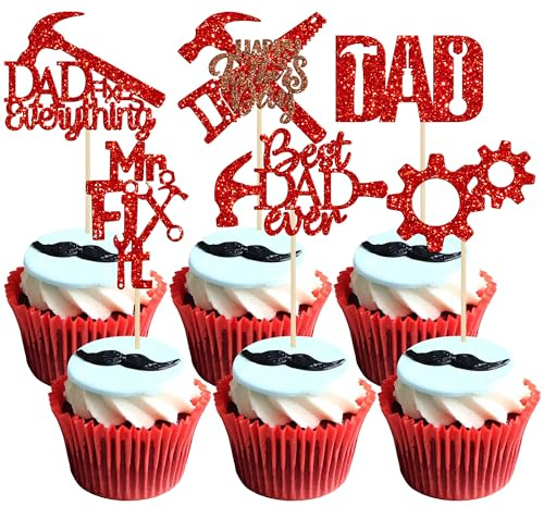 24 Pack Happy Father's Day Cupcake Toppers Tool Construction Red Glitter Best Dad Ever Dad Fix Everything Cupcake Picks for Happy Father's Day Theme Party Cake Decorations Supplies
