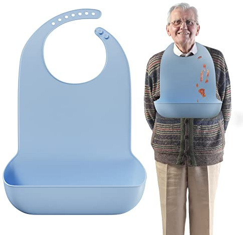 MARS WELLNESS Haklappar för vuxna – 50 x 76 cm bekväma och lätta att rengöra silikonhaklappar för vuxna med lättanvänd knappstängning och botten smula/flytande fångare, diskmaskinssäker