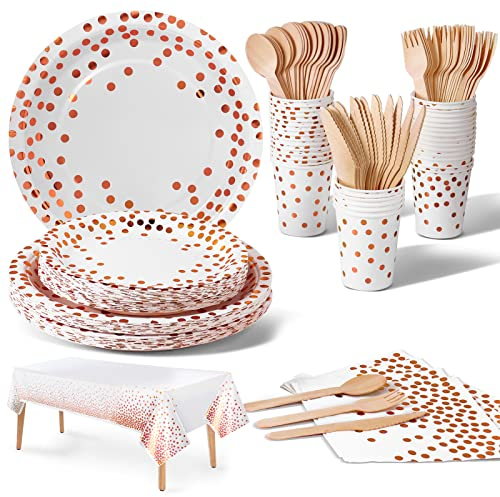 Nkaiso Stoviglie per Feste Oro Rosa 141 Pezzi Set Include Piatti, Tovaglioli, Tazze di Carta - per 20 Ospiti, Nuziale Doccia, Fidanzamento, Matrimonio, Compleanno