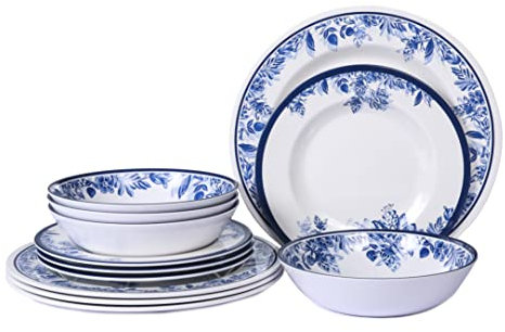 Juego de vajilla de melamina, 12 piezas, diseño floral, apto para lavavajillas, resistente a la rotura, uso en interiores y exteriores, reutilizable, flor tradicional