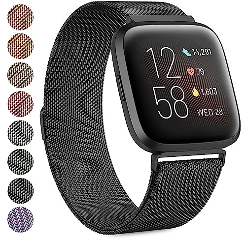 Kompatibel mit Fitbit Versa/Versa 2 Armband für Damen und Herren, atmungsaktives Edelstahl-Mesh-Armband, verstellbares Armband, Ersatzmetall (schwarz, groß)