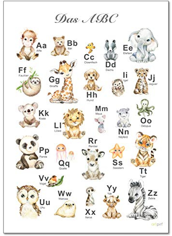 artpin® XL ABC Poster der Tiere für Kinder, A2 Lernposter Grundschule | Buchstaben und Zahlen Lernen Vorschule Kindergarten – ABC2