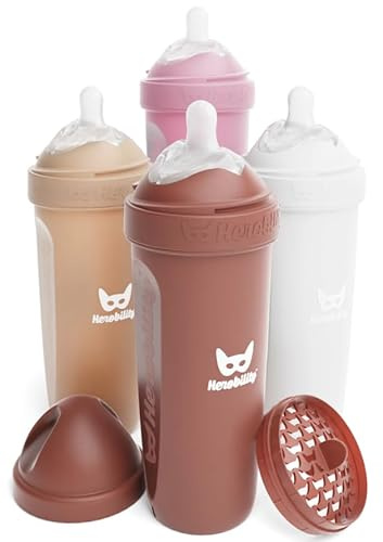 Biberon doppio anticolica Herobility – 12 fl oz/340ml – Confezione da 4 – Biberon multicolore – Sabbia, Marmotta, Rosa, Bianco