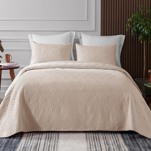 Whale Flotilla Couvre-Lit 240x260 cm avec 2 Taies d'oreiller, Dessus de Lit Gaufré Doux Léger avec Motif Géométrique pour 4-Saisons, Beige