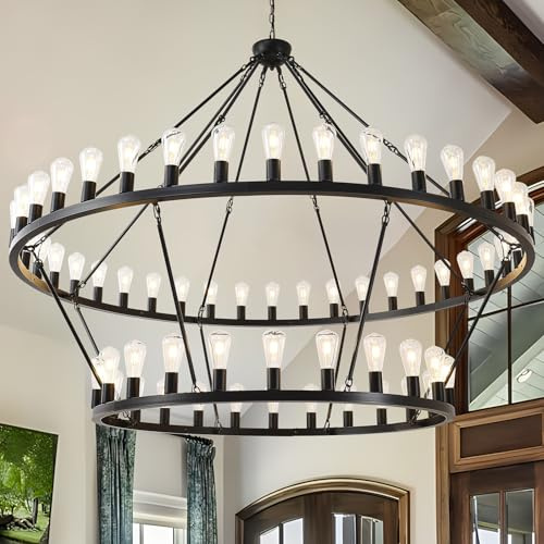 Viksroeo 70 Inch Black Extra Large Wagon Wheel Chandelier, 2 Tier 64-Lights Farmhouse Industrial Round High Ceiling Pendant Light Adjustable Chain, for Dining Room, Living Room