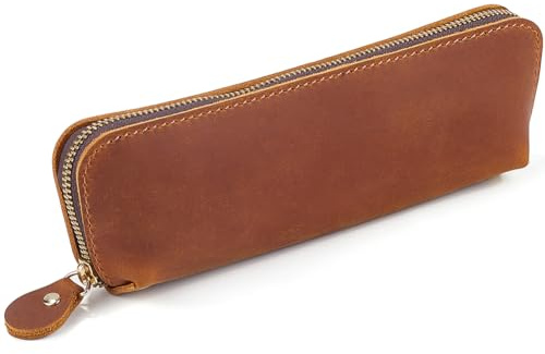 GORGECRAFT Stifteetui Mit Großer Kapazität Aus Crazy Horse Leder Echtes Leder Große Bleistifttasche Mit Reißverschluss Vintage Stifte Organizer Schreibwarentasche Künstler Handgefertigt Sattelbraun