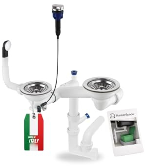 GRANMASTER Siphon Küchenspüle Automatischer 2-Kammer Raumsparsiphon mit überlauf Ablaufgarnitur für Spüle Made in Italy Anschluss an der Unterseite: 1 1/2 Siebkorb Excenterventil 3 1/2- 30x25x35cm