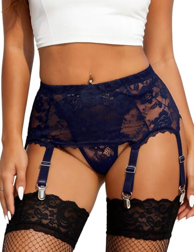ohyeahlady Sexigt bälte för kvinnor spets breda stora storlekar straps underkläder set strumpeband med 6 hållare underkläder strumpebandshållare garter bälte plus storlek strumpband, blå, M/L