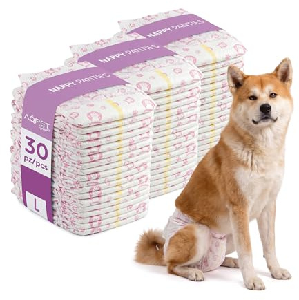 Aqpet Pannolini Igienici Mutanda Assorbente per Cani Femmine per Ciclo Incontinenza con Chiusura Adesiva Regolabile, Anti odore, Usa e getta, Taglia Large 520x320mm, Confezione da 30 Pezzi