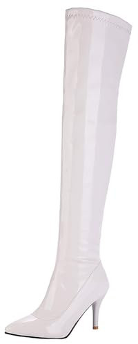 HSyc JRX Botas de mujer Lacado sobre la rodilla tacón de aguja y cremallera Tacones altos Botas largas, Blanco, 39.5 EU