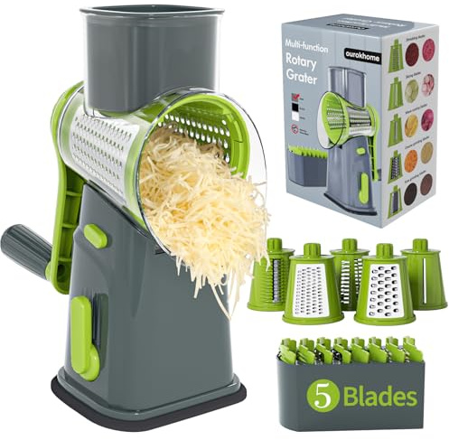 Ourokhome Rotary Cheese Grater Cheese Shredder, Mandoline Vegetable Slicer with 5 Interchangeable Blades and Strong Suction Base for Fruit, Vegetables, Nuts Grey