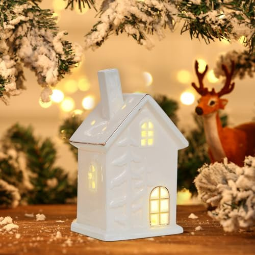 Weihnachtsdeko LED Lichthaus, Keramik Weihnachtsdorf mit Beleuchtung, Weihnachtshaus Beleuchtet mit LED Licht, Porzellan Lichthaus Weiss Deko Häuser Weihnachtshäuser für Weihnachten Deko Tischdeko (C)