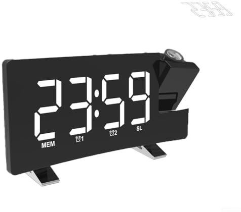 ReachMall Sveglia forte con proiettore girevole a 180°, orologio digitale pesante, sveglia digitale con radio FM, display LCD, funzione dimmer (bianco)