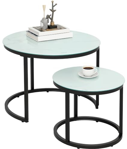 HOMCOM Glass Coffee Table Set of 2 Round Nest of Tables Steel Frame White | Marble-Effect Tempered Glass Tabletop, Modern Side Tables, Living Room