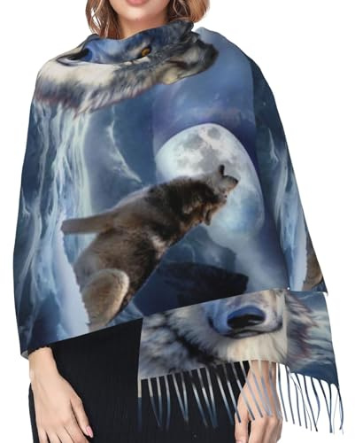Hceaatb Damen-Schal, Wolf, Mond, Schnee, Mode, Winter, warm, Kaschmirschal, Fransenschal, Schwarz , Einheitsgröße