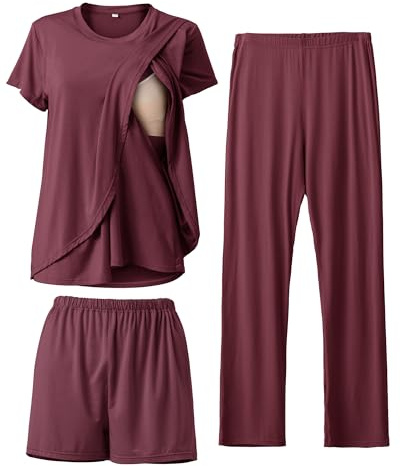SUNNYBUY 3-delat still-pyjama-set för perioden efter förlossningen, avslappnad, mjuk, gravidpyjama, nattkläder, loungewear, klädlager, Lila röd, L