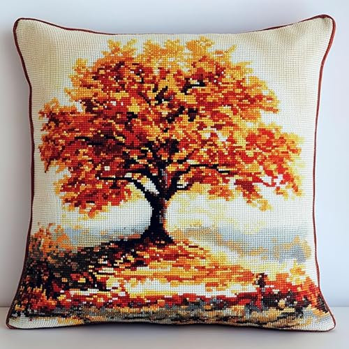 XDEGHUANGSS Latch Hook Kit Komplettset,Knüpfteppich Set mit bedruckter Canvas,43x43 cm,DIY Webrahmen für Erwachsene & Anfänger,Handarbeit Geschenkidee,Herbstlandschaft Bäume