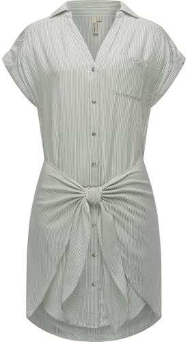Ragwear Damen Kurzarm Sommerkleid kurzes Blusenkleid mit Taillenband und Brusttasche Bahaya Stripe YOUMODO Dusty Green Gr. XXL
