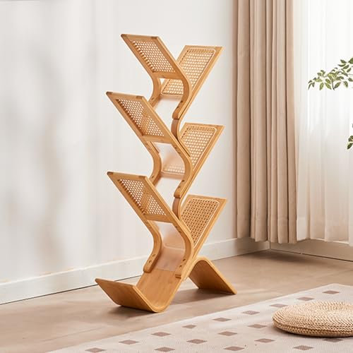 Kreatives Bücherregal aus Bambus, gebogener Bücherturm mit 6 Ebenen, bodenstehendes Eckregal aus Rattangeflecht, stilvoller Organizer für Schlafzimmer und Wohnzimmer (24,8 x7,8 x42,1)