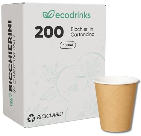 ecodrinks - 200 Bicchieri Carta Avana 180ml - Per Acqua, Cocktail, Bevande Calde e Fredde - Biodegradabili, Eco-friendly e Made in Italy