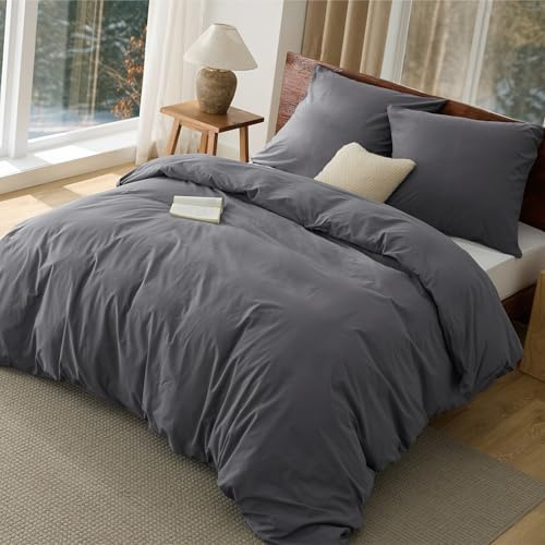 BEDSURE Bettwäsche 155x220 Baumwolle 3teilig - Anthrazit, 2 Kissen 80x80 cm | 100%Baumwolle Bettwäsche Set mit Reißverschluss, 1 Bettbezug+2 Kissen, Gewaschene Leinenoptik, Atmungsaktiv & Weich, Oeko-TEX