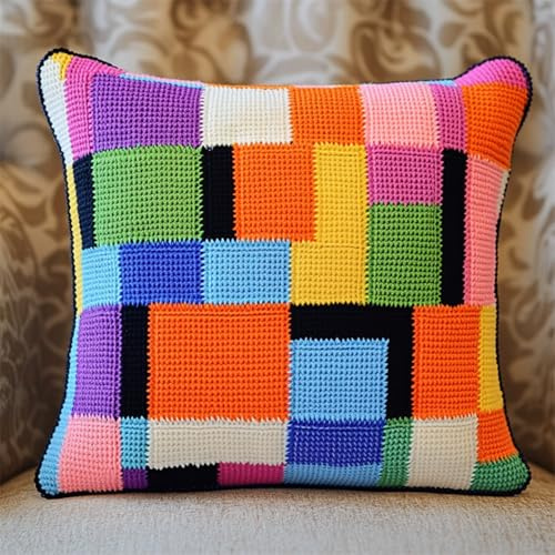 DIY Knüpfkissen Set 43x43 cm,Latch Hook Kissen Kit zum Selber Knüpfen für Kinder & Erwachsene,Knüpfhaken-Set mit vorgedruckter Leinwand & Garn,Handgemachtes Bastelset für Sofa Deko,Bunte Quadrate