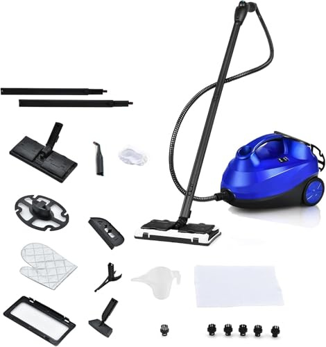 GOPLUS Limpiador a Vapor 2000W, Máquina de Limpieza a Vapor con Depósito de 1,5L, Alta Presión de 4 Bar, Tiempo de Calentamiento: 5 min, Hasta 108 ℃, con Ruedas y Accesorios Completos (Azul)