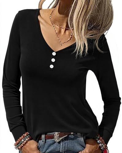 Camiseta Básica Mujer Manga Larga Ajustada Top Elegante con Cuello en V y Botones Camisetas Casual Elástica Lisa Cómodo para Uso Diarion Casual Elástica Elegante de Punto
